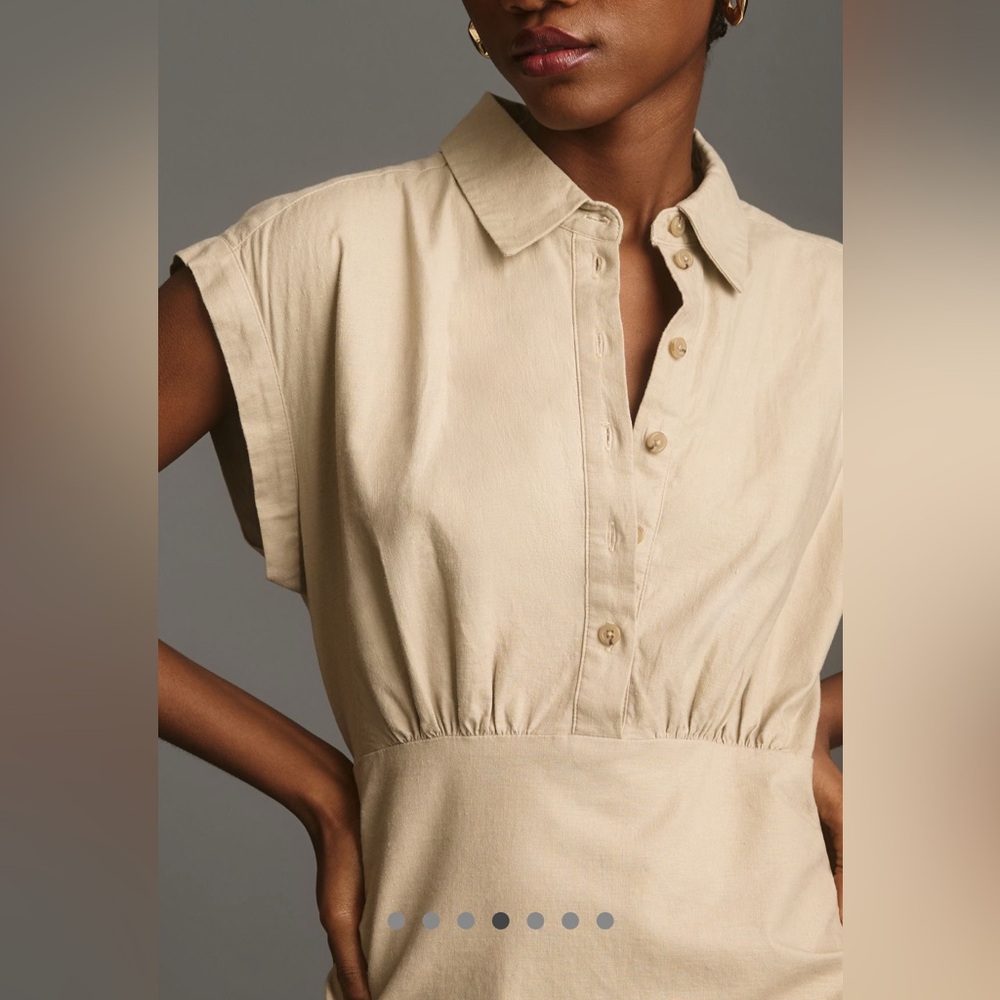 Anthropologie Tan Ruched Maxi Dress with Mandarin Collar size Mefium - Picture 3 of 12
